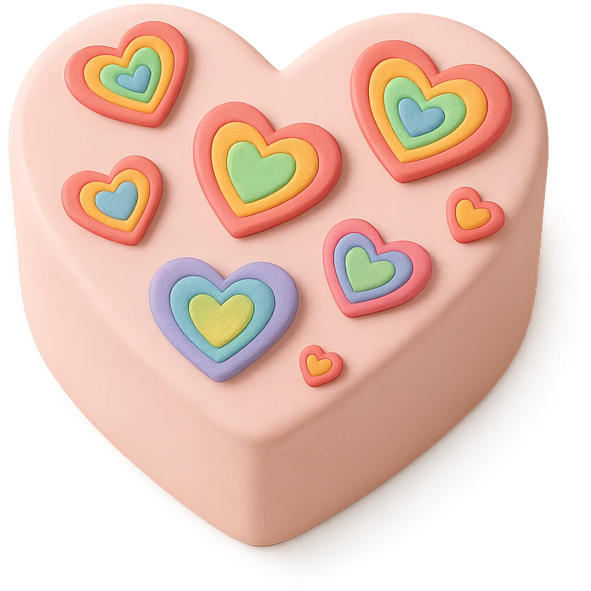 heart-shaped fondant cake with rainbow hearts emoji
