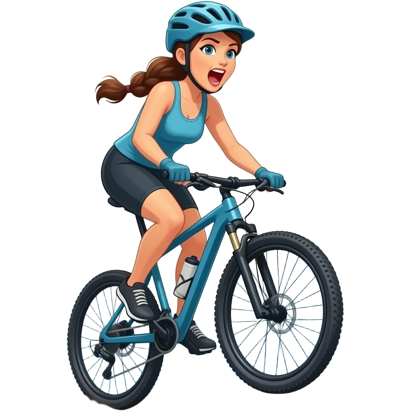 Mountains in background, dust spray up behind bike. A pussy Cyling down the Hill. Pussy yells "no breaks". keep back ground emoji