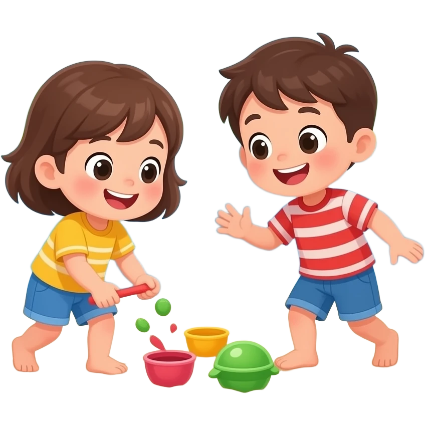 мультяшные дети играют на песке около озера без головных уборов emoji