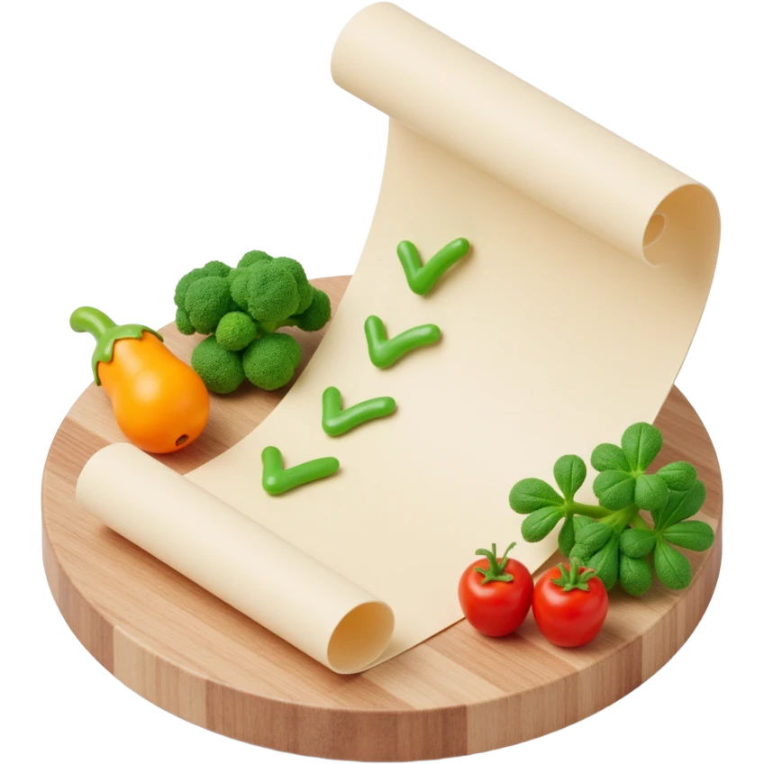 floating rolled paper list with green checkboxes and around vegetables emoji