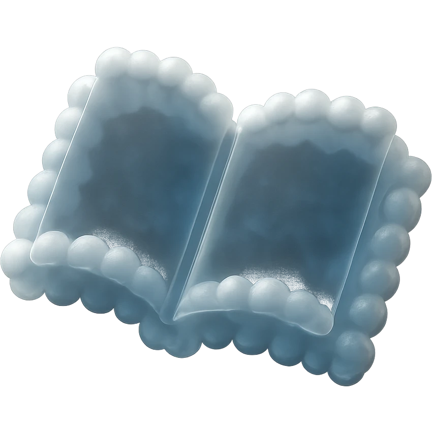 top view of a thick open book made entirely of small, very bright white fluffy convex clouds, matte glass style emoji
