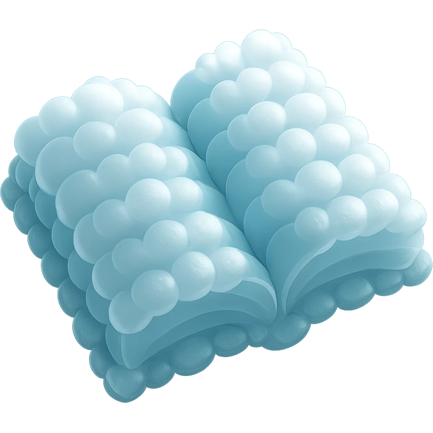 top view of a thick open book made entirely of small, very bright white fluffy convex clouds, matte glass style emoji
