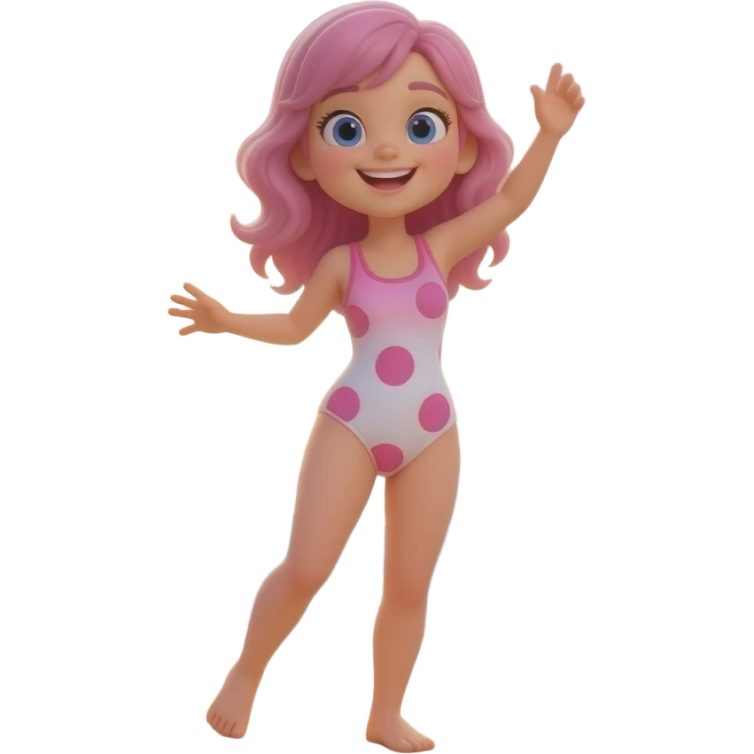 With duck floatie 3d style photo in the stone age sunset beach A pink Mrs girl dancing pink caveman hawaiian wears a pink white Brown hair and pink dots in white gradient swimsuit white dots and pink big dots and white pink gradient corals and starbucks one piece swimsuit emoji