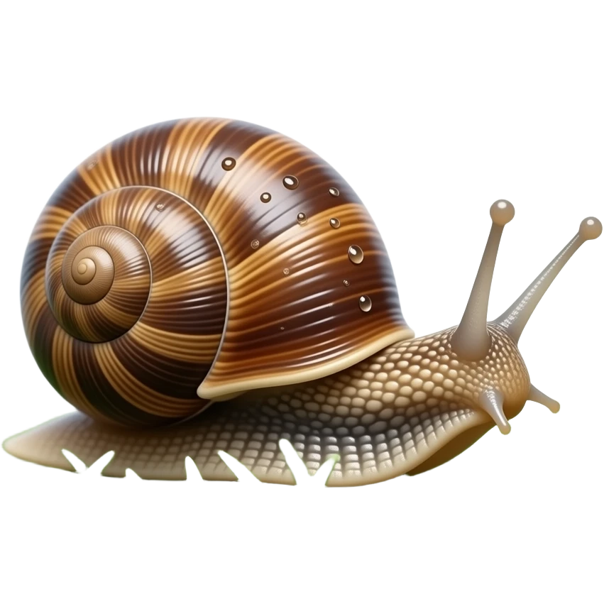 Photorealistic macro photo emoji of a real garden snail crawling through dense silver-green grass with tiny seeds, glossy brown striped shell, wet skin, no caterpillars, no text, isolated on solid white background emoji