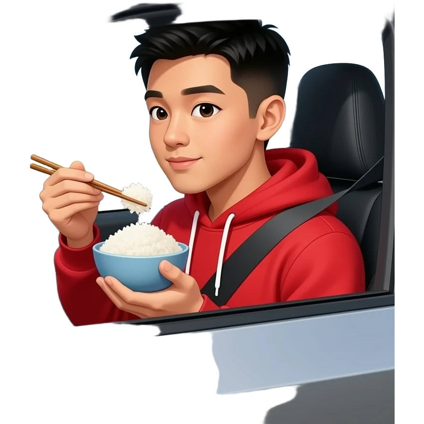 A person eating rice and driving a Tesla cyber truck emoji