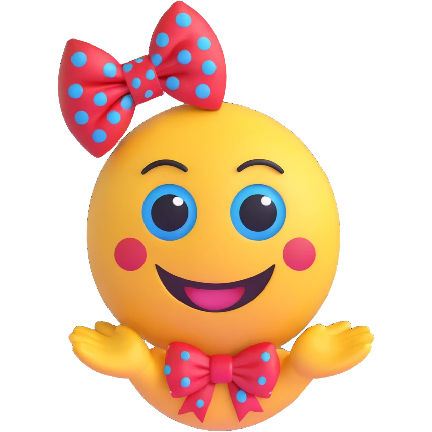3D smiley emoji, large eyelashes, red polka dot bow, winking, waving, happy, blue eyes, cute style emoji