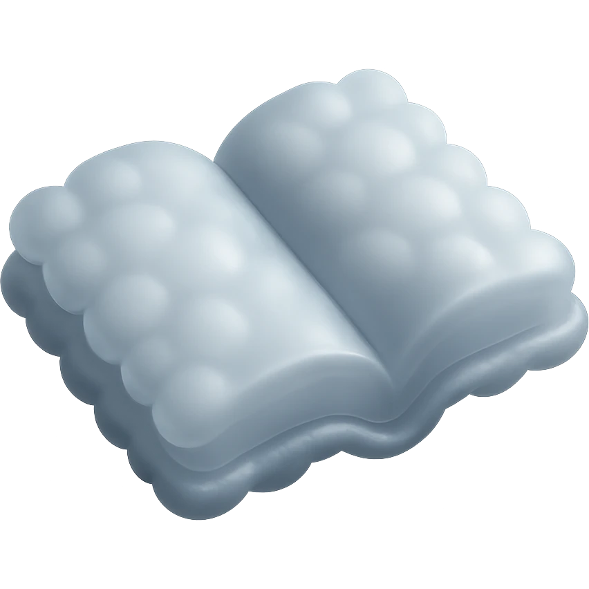 top view of a thick open book made entirely of small, very bright white fluffy convex clouds, matte glass style emoji