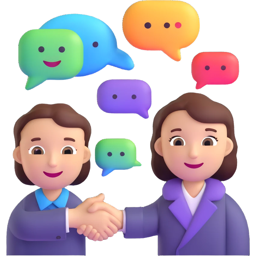 candidate profile card with a smiling avatar, chat bubbles, and a handshake icon representing relationship management emoji