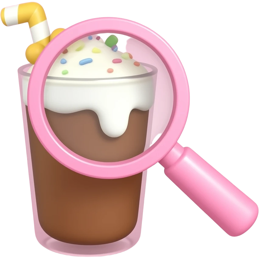 Lupa rosada viendo un vaso de chocolate y crema blanca  y frutas con fondo rosado emoji