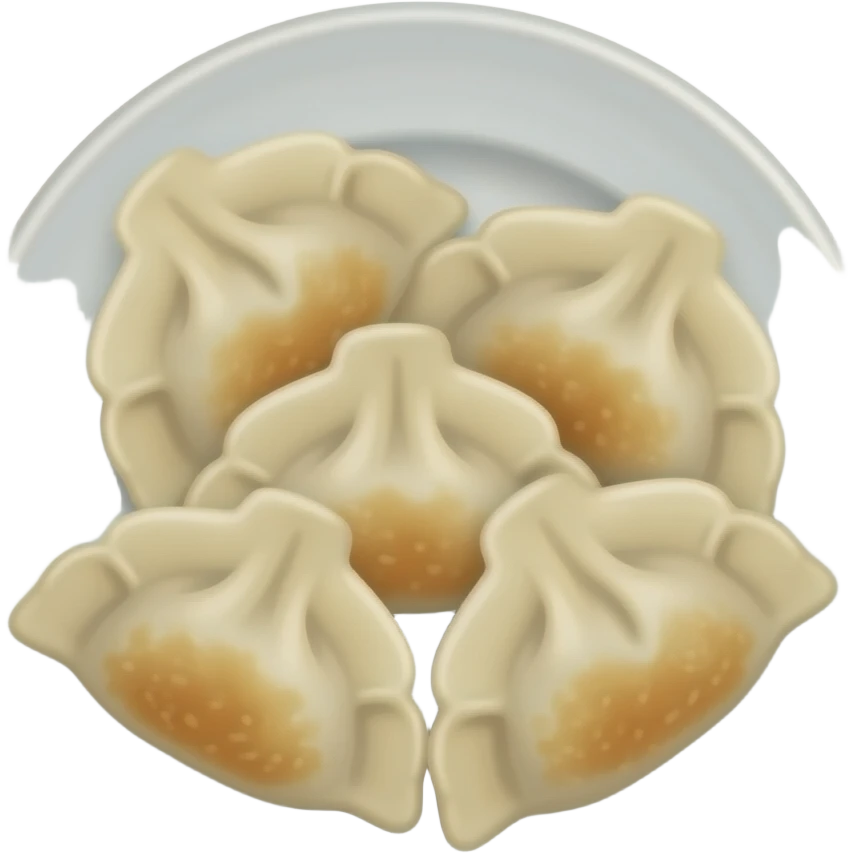3D emoji style Chinese dumplings on a white plate, 
plump crescent-shaped mandu with pleated tops, 
golden-brown pan-fried bottoms, 
Apple emoji aesthetic, soft highlights, 
transparent background, bold simple shapes emoji
