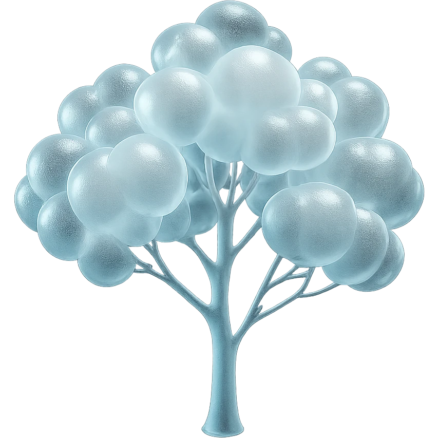 one tree with many branches and a white trunk, crown made of small very bright white fluffy convex clouds, matte glass style emoji
