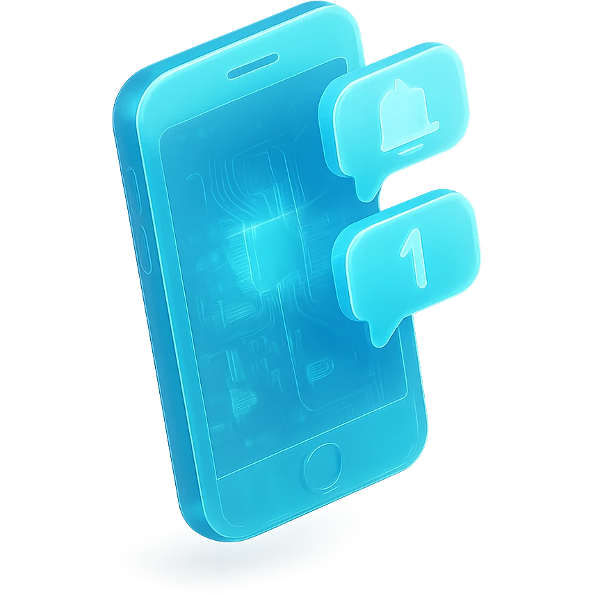 Icon of a smartphone with notification bubbles, flat design, cyan blue emoji