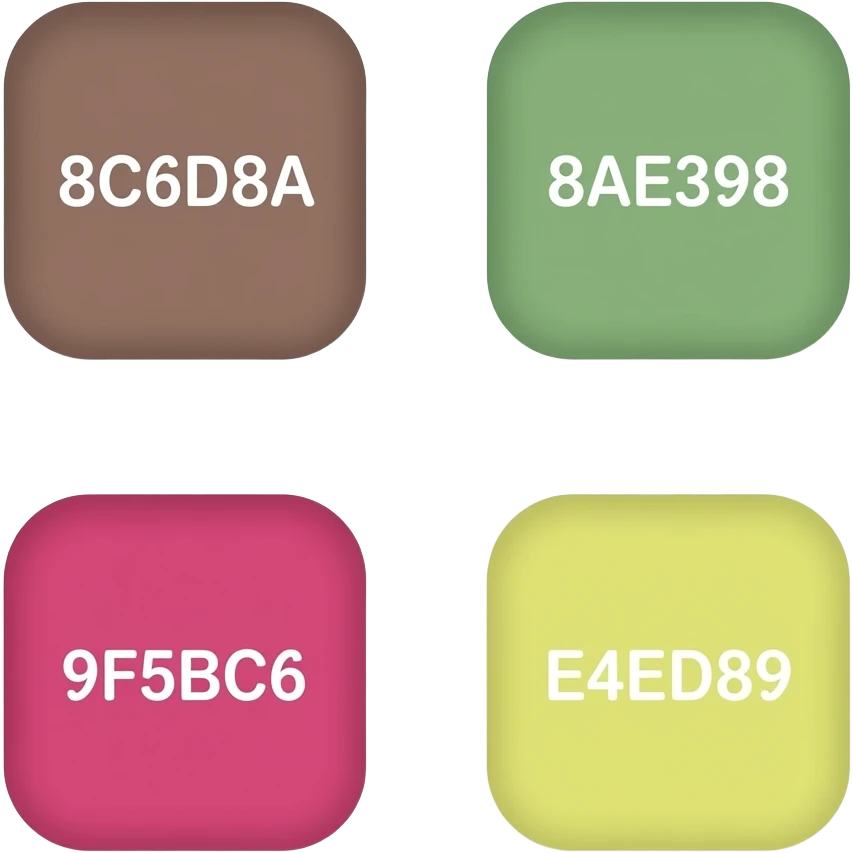 https://colors.muz.li/palette/8C6D8A/8aea98/eae35b/9f5bc6/e4ed89 emoji