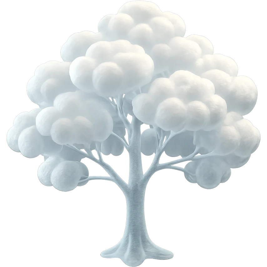 one tree with many branches and a white trunk, crown made of small very bright white fluffy convex clouds, matte glass style emoji