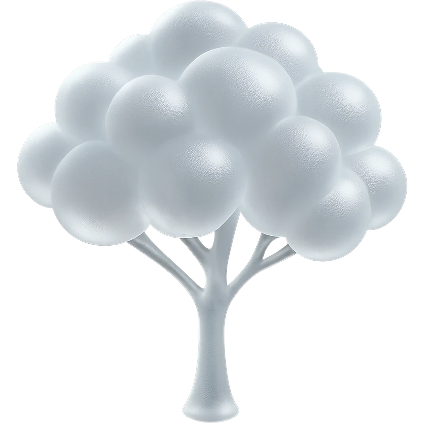 one tree with many branches and a white trunk, crown made of small very bright white fluffy convex clouds, matte glass style emoji