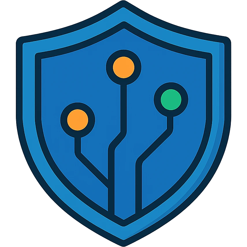 modern security shield icon, clean geometric shield shape, subtle circuit board patterns or connection nodes integrated, trustworthy deep blue primary color with accent of warm orange or green, flat design with slight depth, suitable for favicon and app icon, represents IT security and reliability in social care emoji