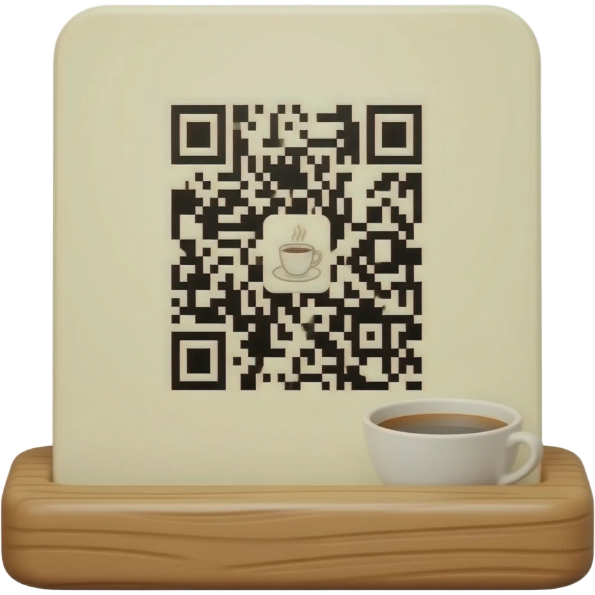 3D emoji of a wooden tabletop display holding a cream coffee bar menu ...
