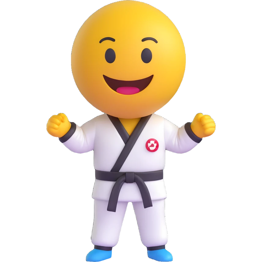 3D smiley emoji, round shape, wearing taekwondo uniform, sporty face, transparent background (taekwondo) emoji