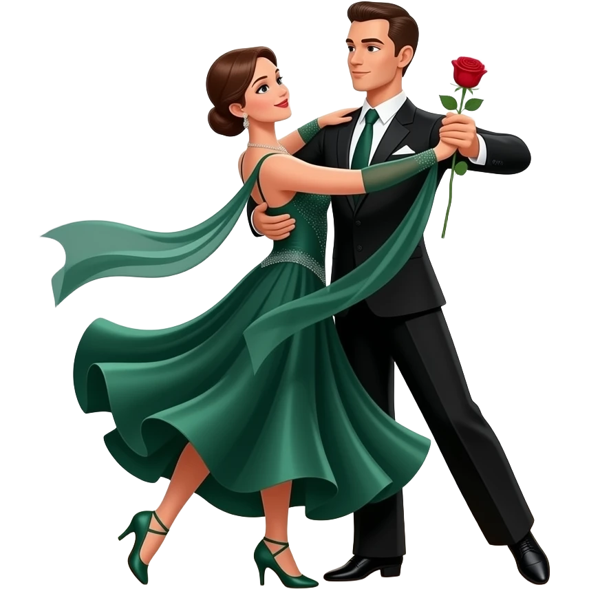 dark olive green Dancing: man and women of ballroom dance shoes, a rose, a dance floor, a flowing, voluminous ballroom dress in motion, and a shining spotlight. The icon should represent the elegance and atmosphere of ballroom dancing, focusing on the attire and setting. Transparent background. emoji