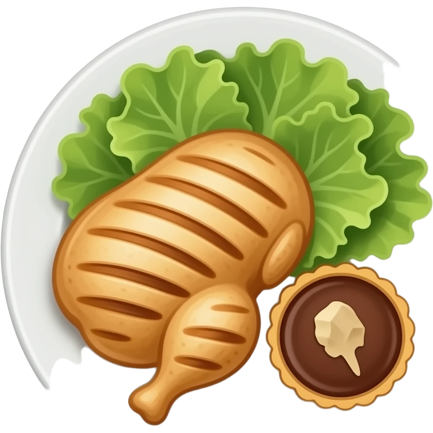 en un plato Pollo a la plancha con lechuga en un lado del plato y en un plato de postreuna mini tartita de chocolate emoji