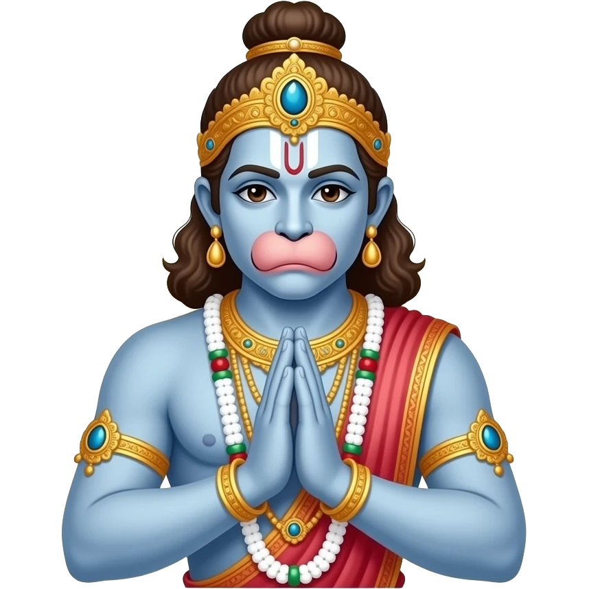 “Lord Hanuman devotional sticker emoji, folded hands, blessing pose, glowing halo, traditional jewelry, soft divine lighting, cute spiritual cartoon style, transparent background, high quality sticker art.” emoji