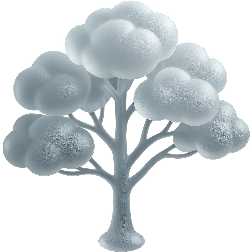 one tree with many branches and a white trunk, crown made of small very bright white fluffy convex clouds, matte glass style emoji