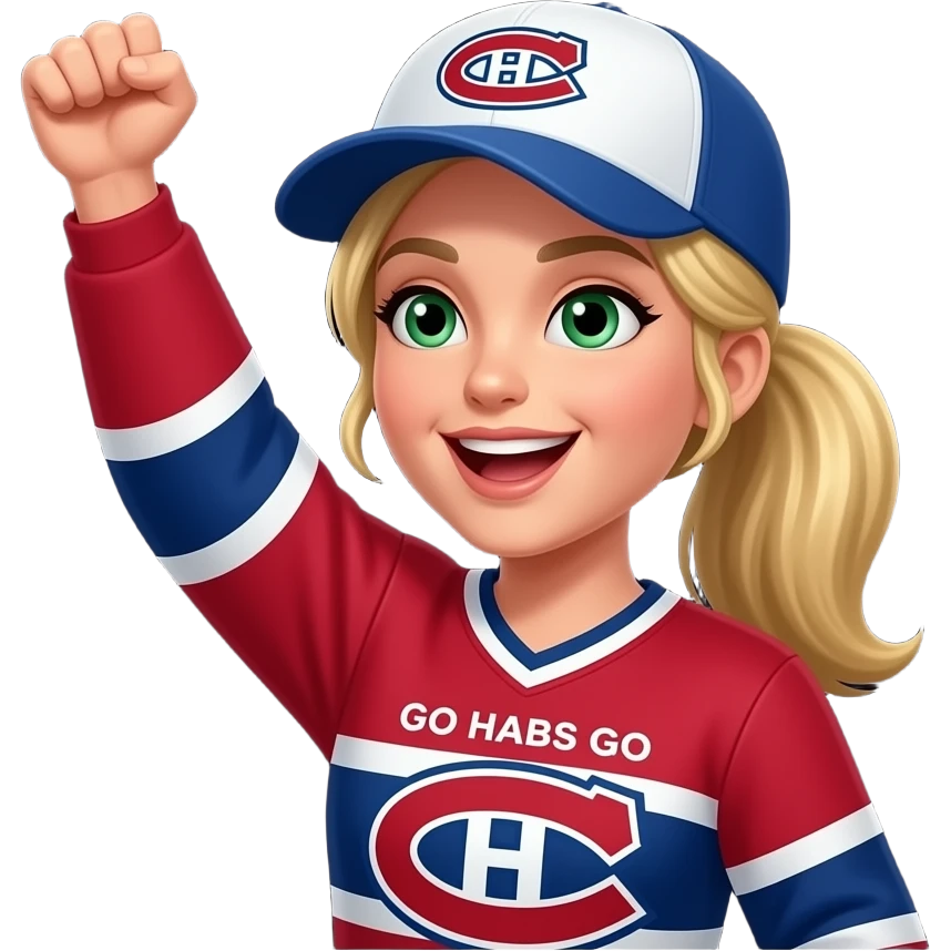 Green eyed Woman Cheering with arm in the air with blonde hair with pony tail, where Montreal Canadians cap and Go Habs Go written on jersey shirt. Put a black background emoji