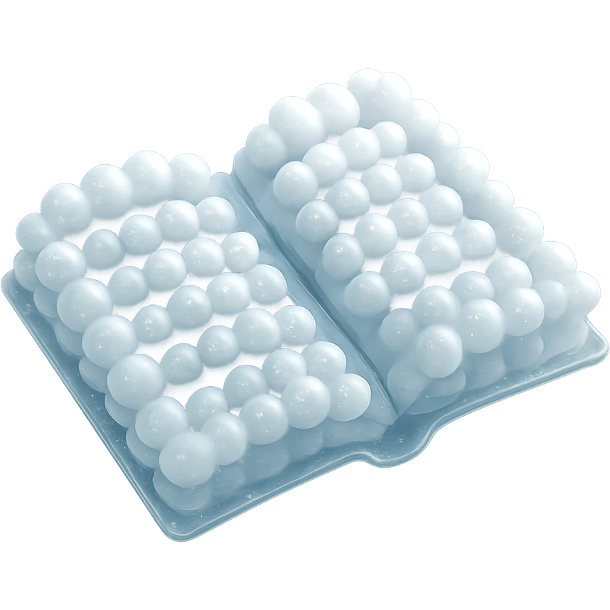 top view of a thick open book made entirely of small, very bright white fluffy convex clouds, matte glass style emoji