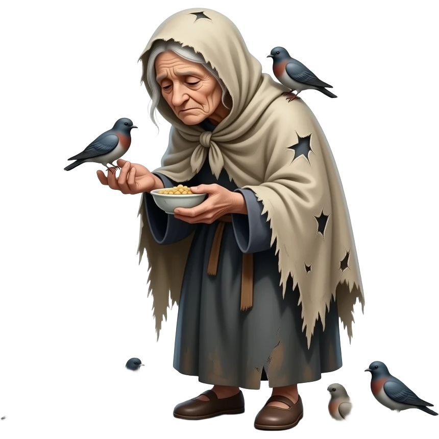 Old crooked lady with a shroud on feeding birds on the street emoji