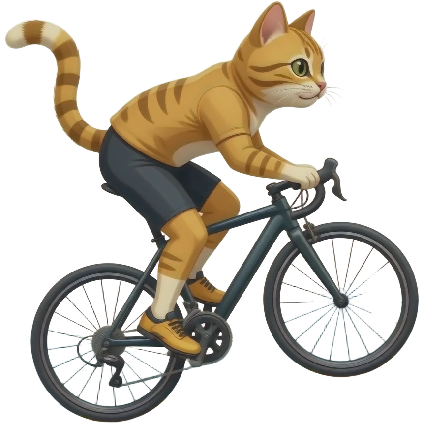 A pussy Cyling down the Hill Mountains in background, paws off the pedals as dust spray up behind cause the breaks are broken emoji