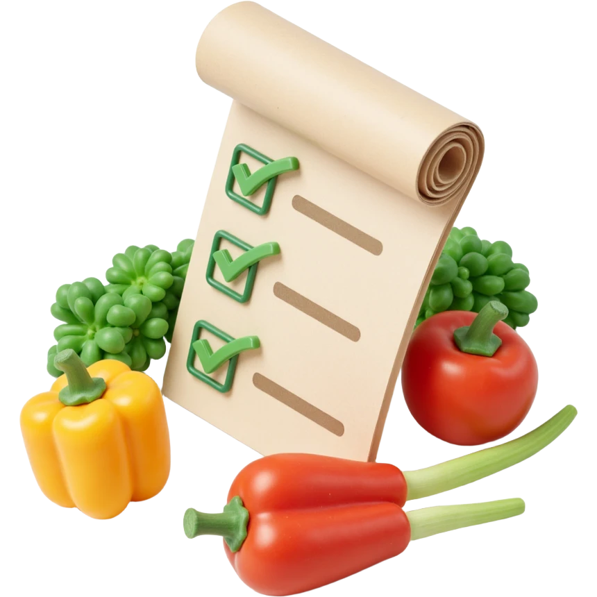 floating rolled paper list with green checkboxes and around vegetables emoji