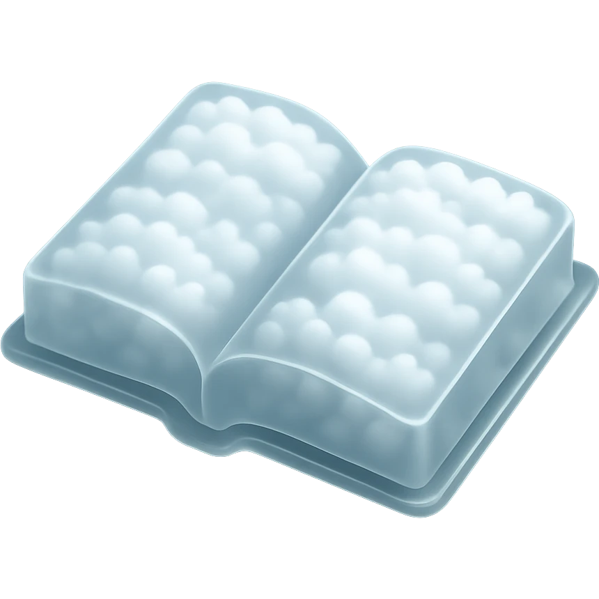 top view of a thick open book made entirely of small, very bright white fluffy convex clouds, matte glass style emoji