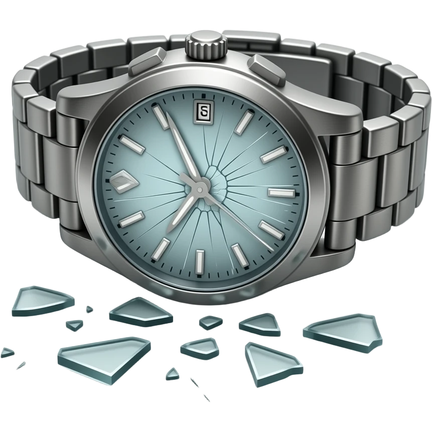 A wristwatch fallen on the ground with its glass cracked and slightly shattered. The strap is twisted, small glass fragments scattered nearby. Subtle scratches on the surface, suggesting impact. Soft dramatic lighting, no people, clean floor background, realistic and detailed. emoji