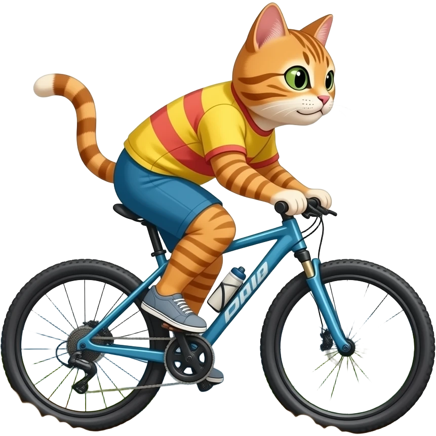 A pussy Cyling down the Hill Mountains in background, paws off the pedals as dust spray up behind cause the breaks are broken emoji