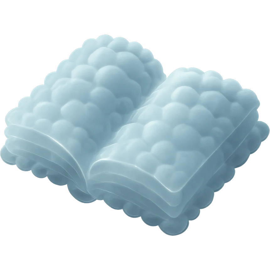 top view of a thick open book made entirely of small, very bright white fluffy convex clouds, matte glass style emoji