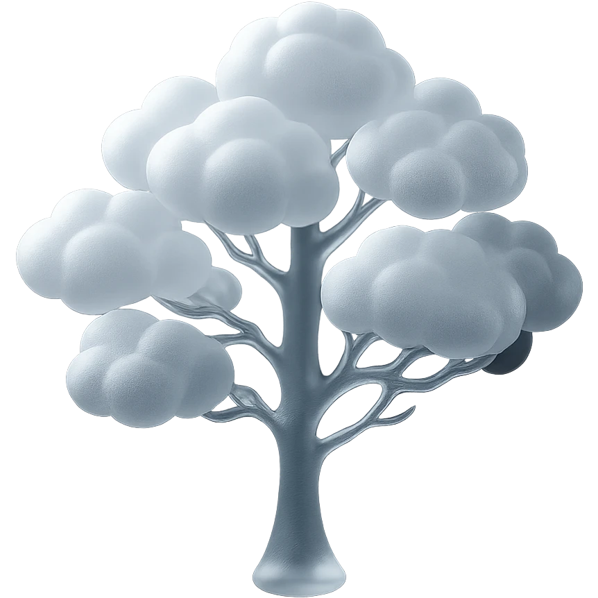 one tree with many branches and a white trunk, crown made of small very bright white fluffy convex clouds, matte glass style emoji