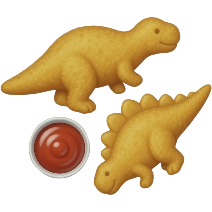 A white circle plate with 3 chicken nuggets shaped like dinosaurs laying flat on the plate and a little cup with ketchup on the side emoji