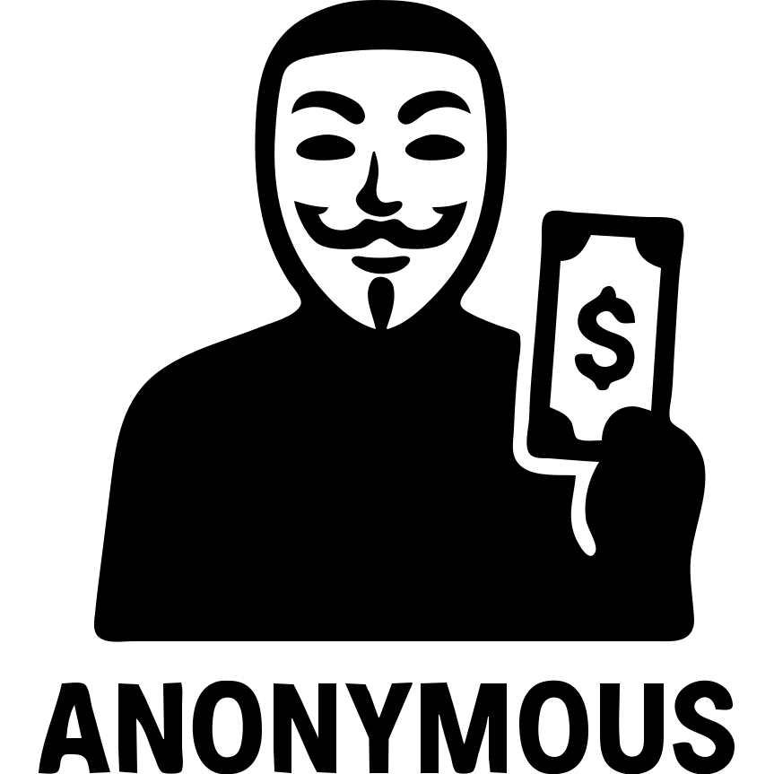 A man in black clothes with an Anonymous mask, holding money, ember text emoji