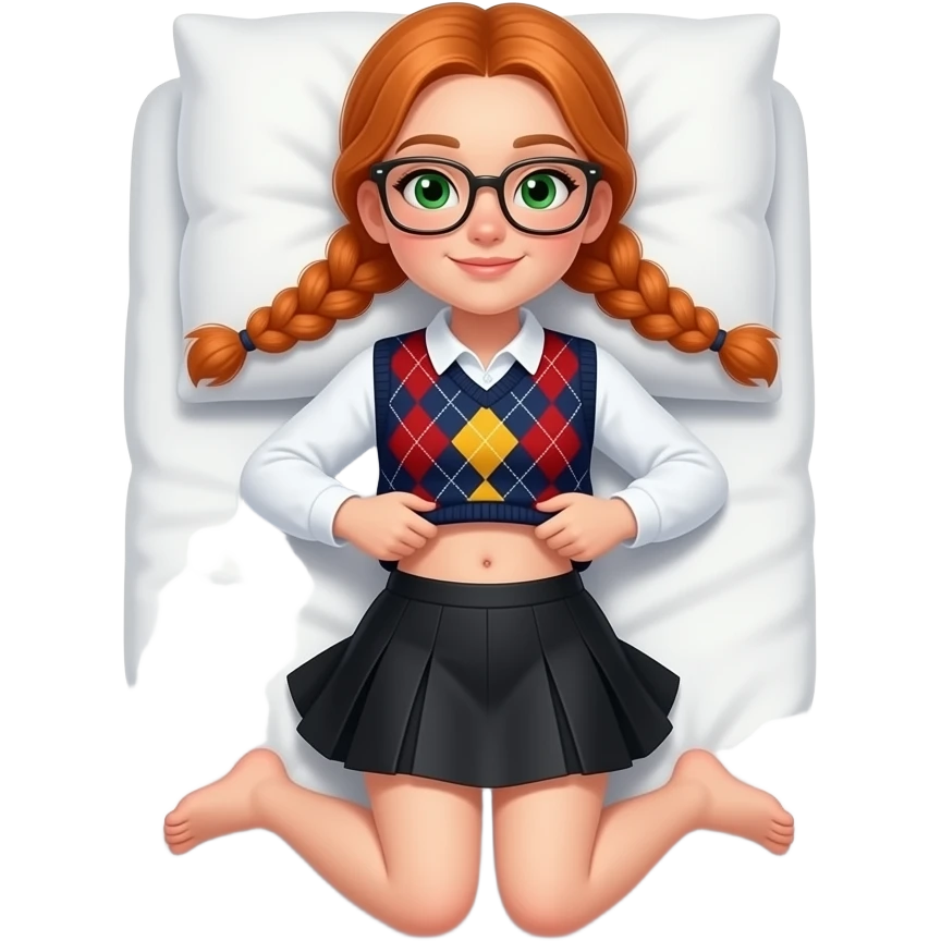 17 year old white woman green eyes orange braided pigtails rectangle glasses white long sleeved polo argyle dark blue red and yellow vest black skirt laying down on her pillow in bed lifting her shirt showing belly button showing her feet emoji