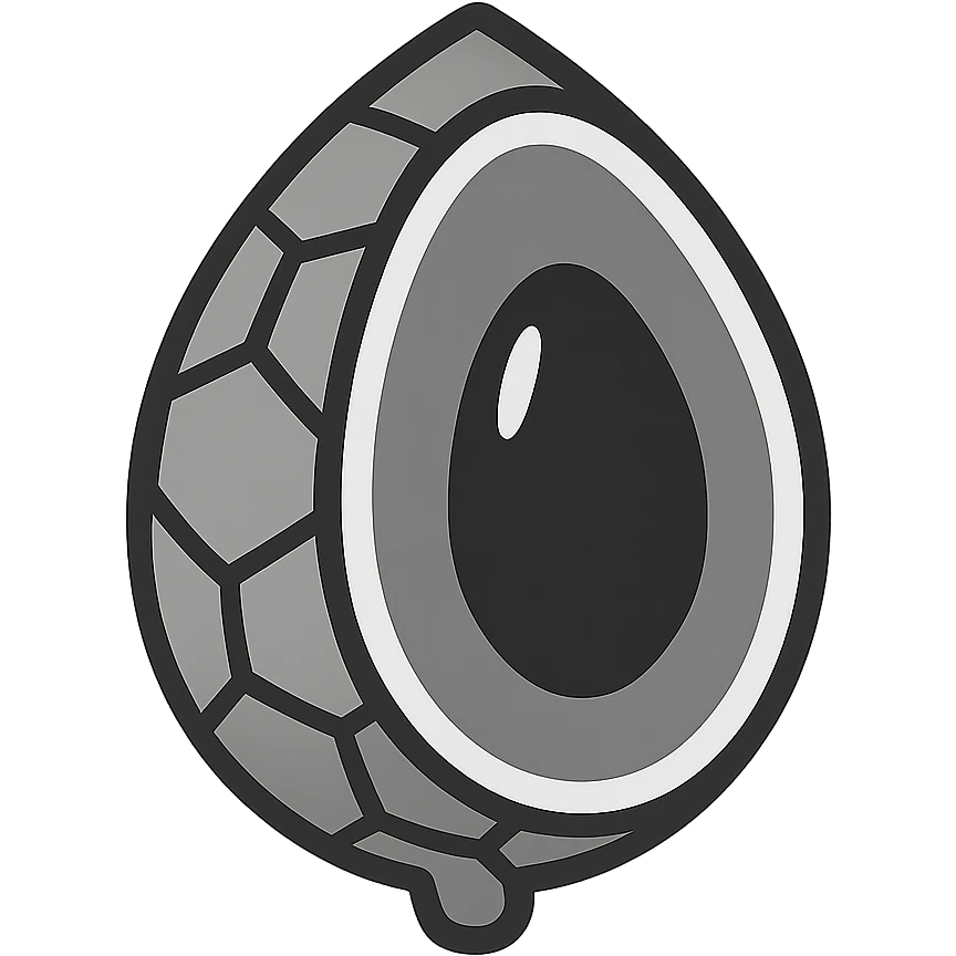 mamey shaped like a soccer ball, brown shell, red interior, black seed, minimalist style emoji