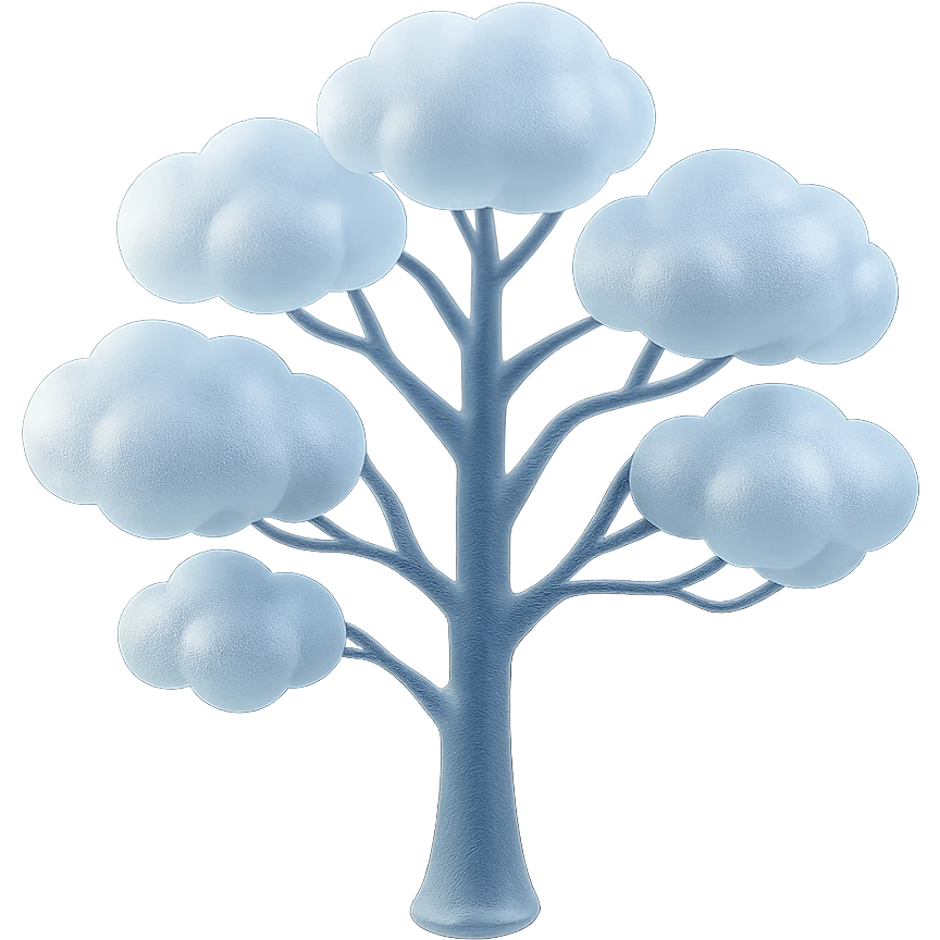 one tree with many branches and a white trunk, crown made of small very bright white fluffy convex clouds, matte glass style emoji