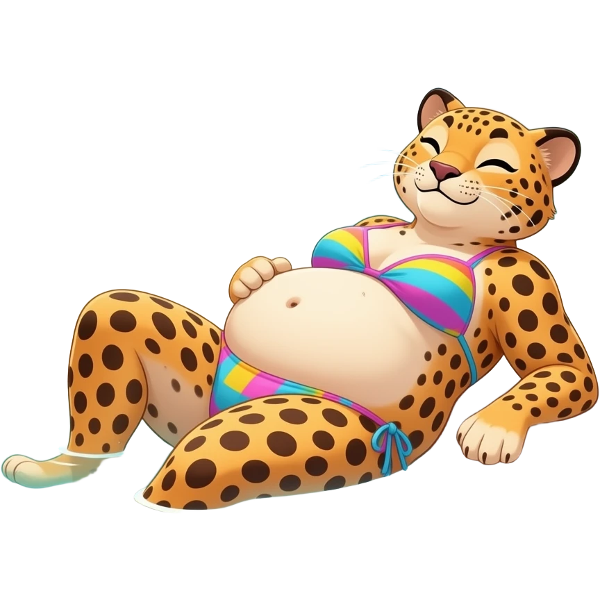 A cheetah enjoys beach holiday in her swimmers,but she is so full from a lunch break that she is about to burst,Then her fat Tummy rolls & drops out,she will just lay on her back in the shallow cool water,her gluttonous belly promotes a good resort business. emoji