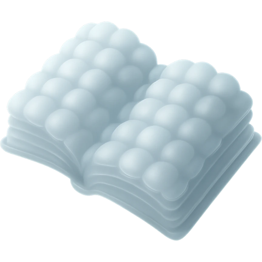 top view of a thick open book made entirely of small, very bright white fluffy convex clouds, matte glass style emoji