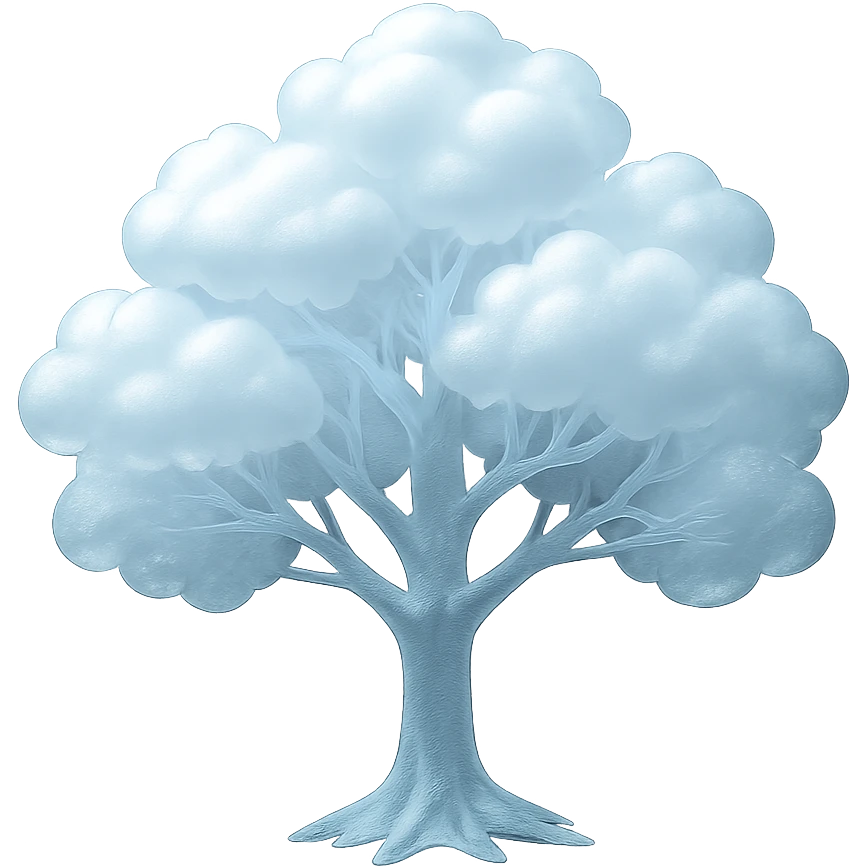 one tree with many branches and a white trunk, crown made of small very bright white fluffy convex clouds, matte glass style emoji
