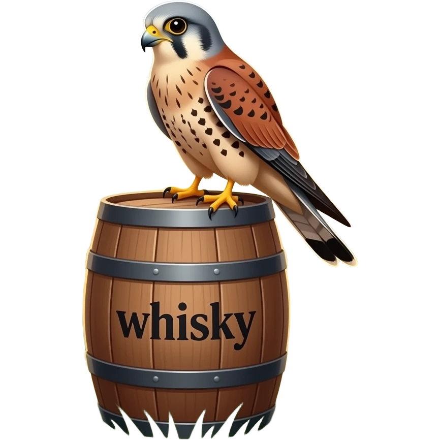 kestrel sitting on a vertically standing whisky barrel. the barrel is clearly stenciled "whisky" and is standing outdoors with a sunrise in the background. create image so all layers and background are visible emoji