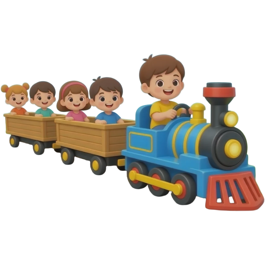 A child driving a blue toy train on the train track pulling wagons with kids inside with a blue sky and grass and sun emoji style emoji