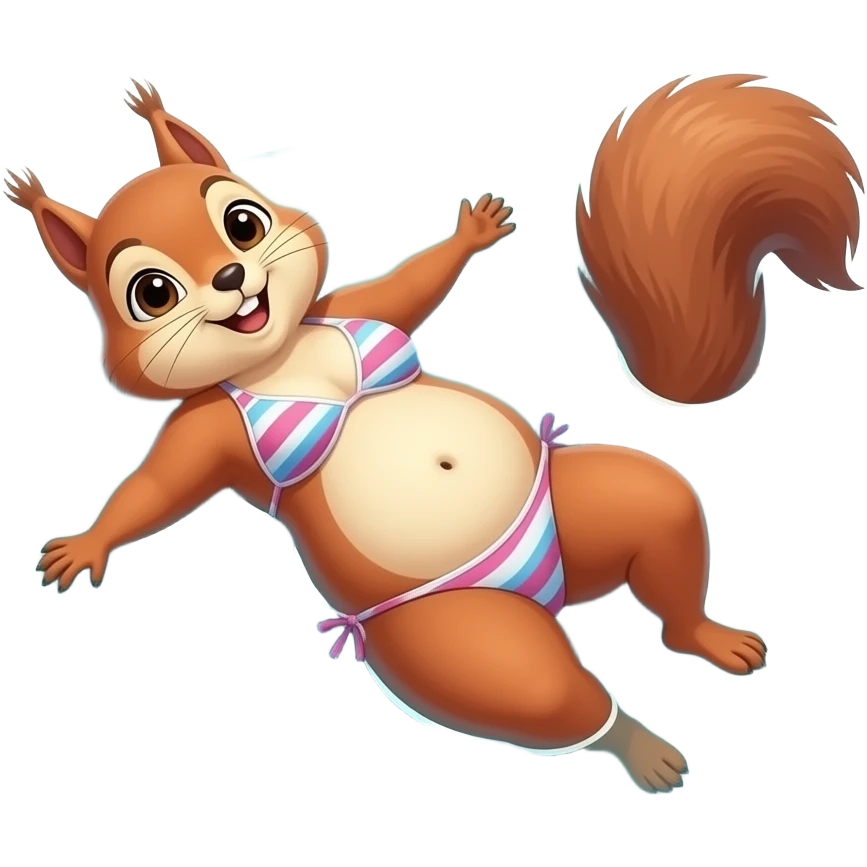 The female squirrel enjoys the beach holiday in her swimmers,but she is so full from a lunch break that she is about to burst,Then her fat Tummy rolls & drops out,she will just lay on her back in the shallow cool water,her gluttonous bellybutton promotes a good resort business. emoji