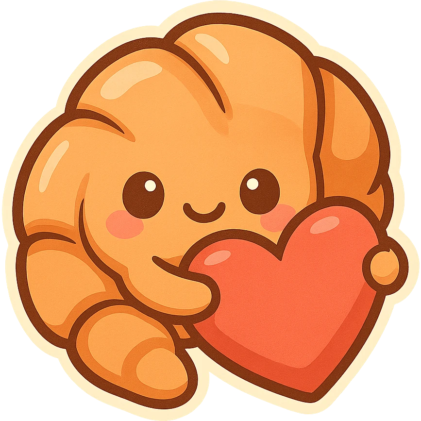 chibi sticker-style croissant with a big heart, cute and exaggerated emoji