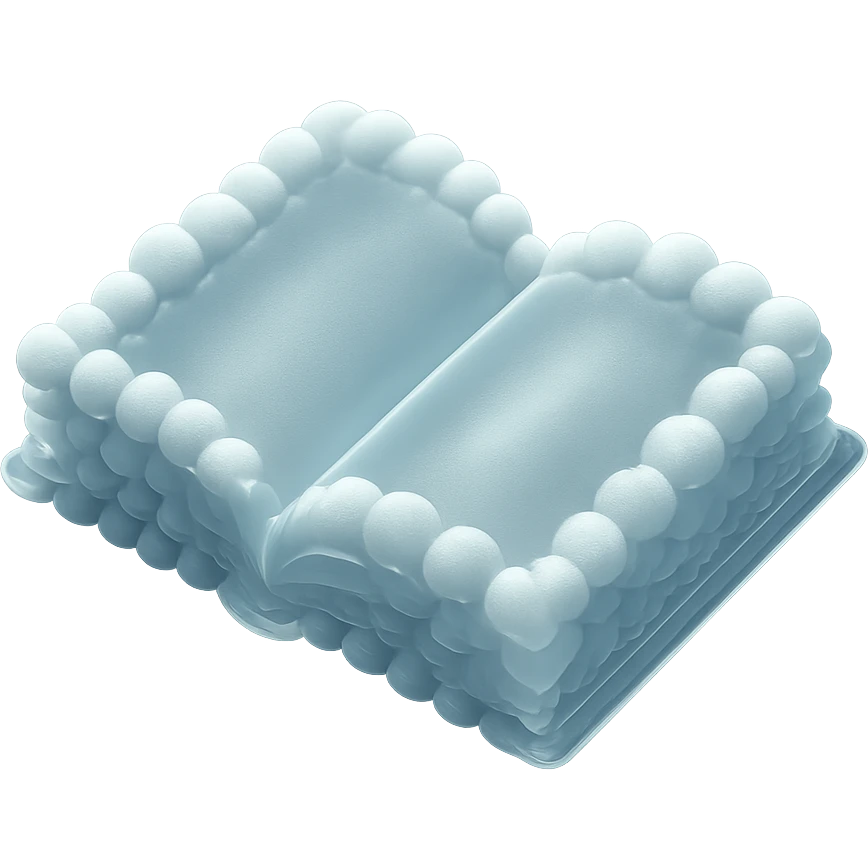 top view of a thick open book made entirely of small, very bright white fluffy convex clouds, matte glass style emoji