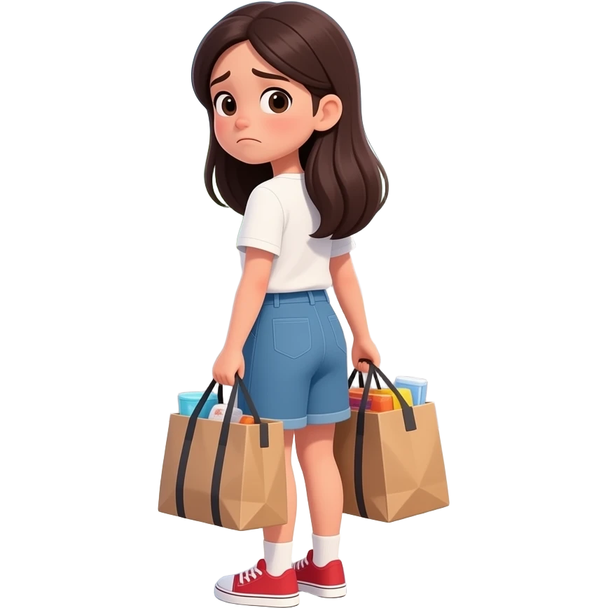 teen girl long hair, bored face outside with packing bags neighborhood looking back at car leaving emoji